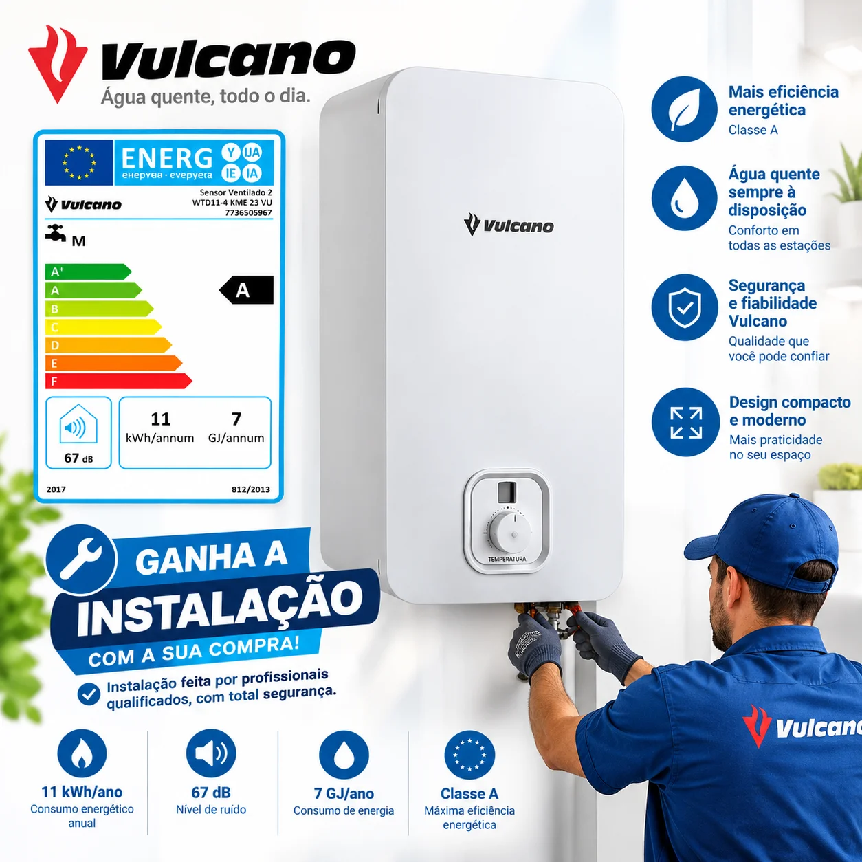 Esquentador a Gás Ventilado Vulcano 11 L — Gás Natural, Com Instalação Incluída