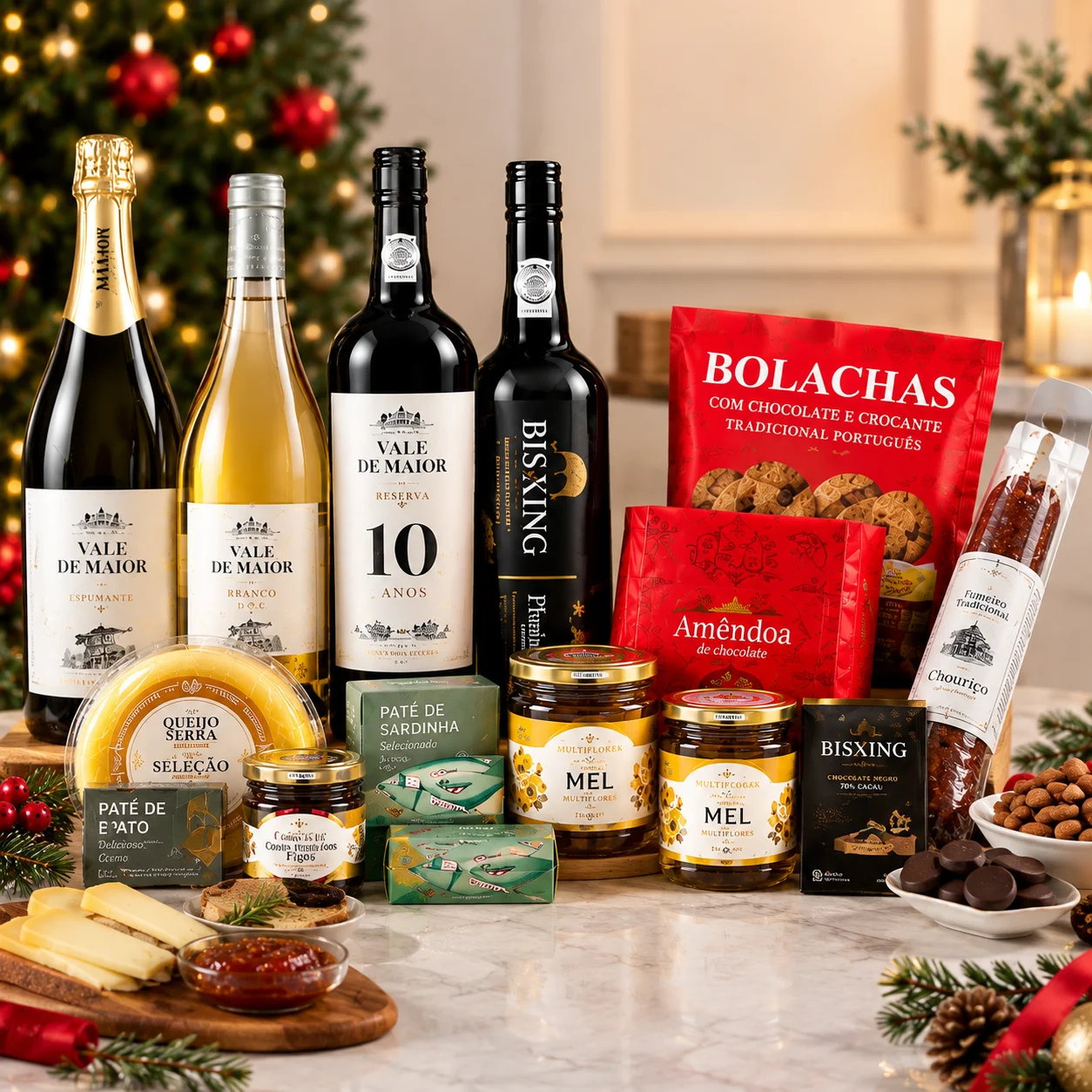 Cabaz de Natal Completo — Quatro Garrafas, Queijos, Charcutaria, Mercearia Fina e Uma Visita à Quinta
