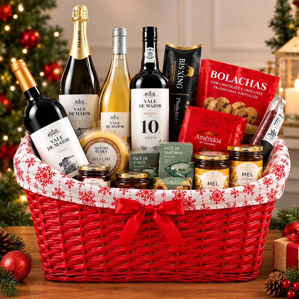 Cabaz de Natal Completo — Quatro Garrafas, Queijos, Charcutaria, Mercearia Fina e Uma Visita à Quinta